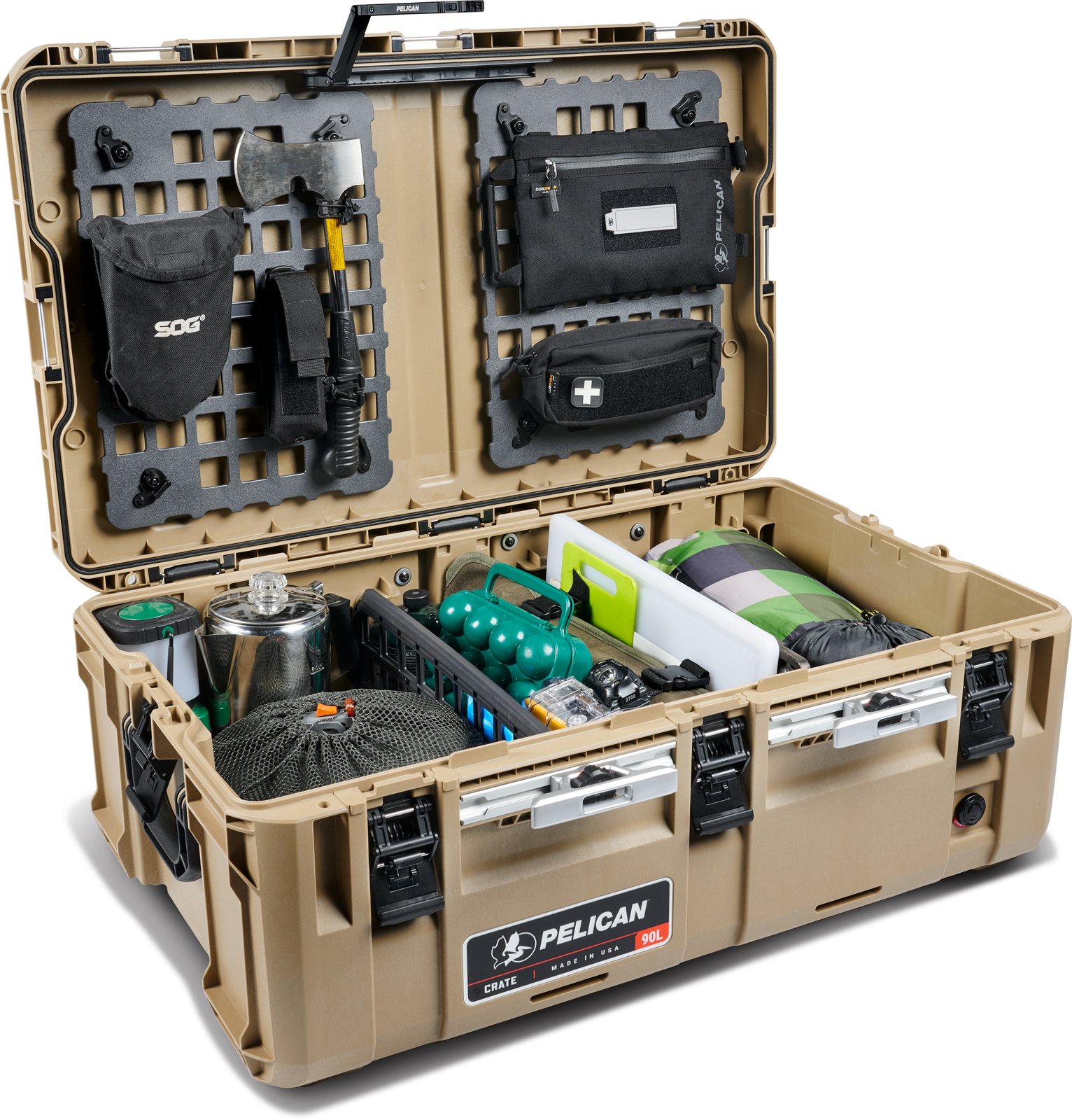 PEL_Crate 90L_Tan_Front Angle Open Props With Mod Light And ModRail Cleat_med