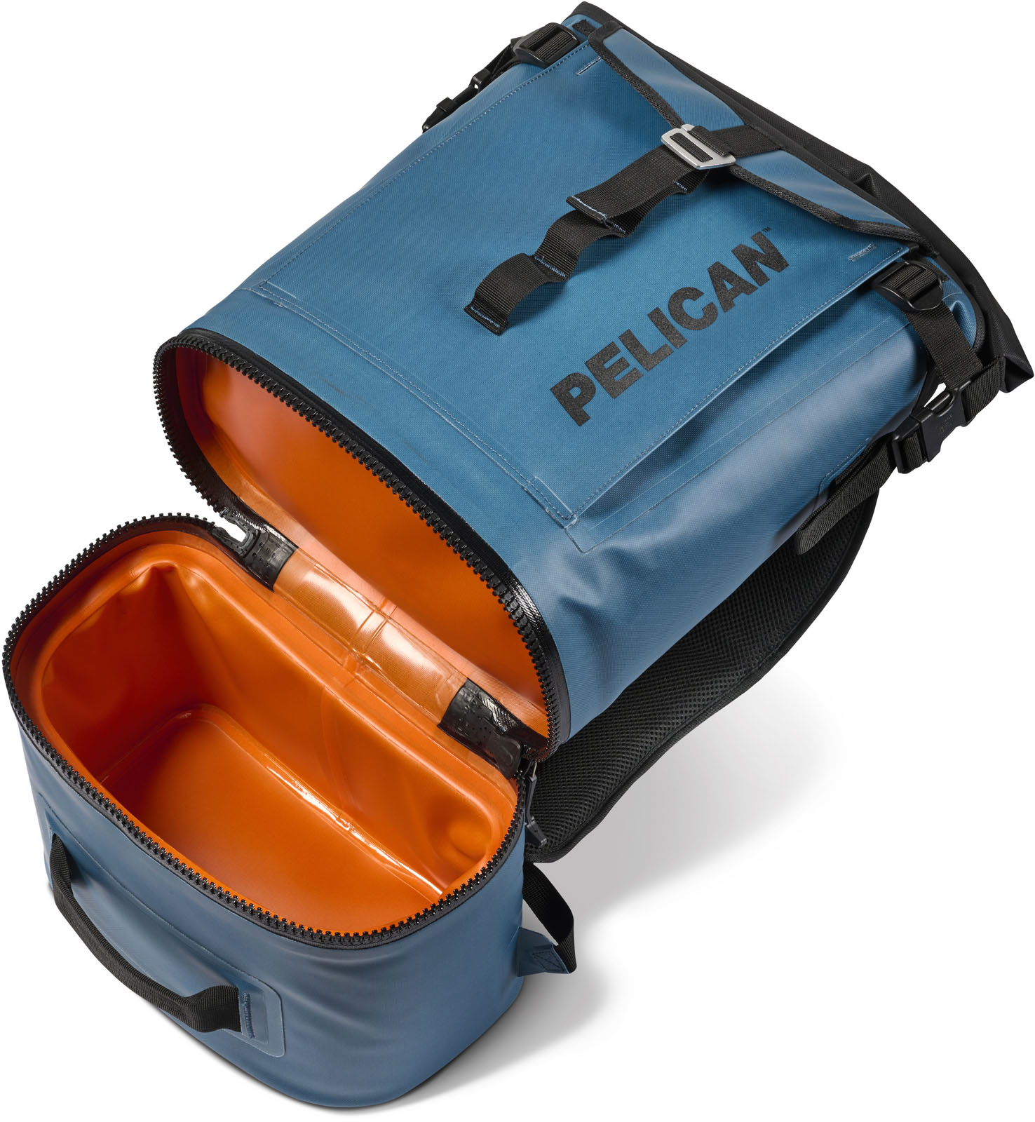 SP26_PEL_Cooler_Dayventure_Backpack_SOFT CBKPK INDG_Indigo_Onwhite_TopdownOpen